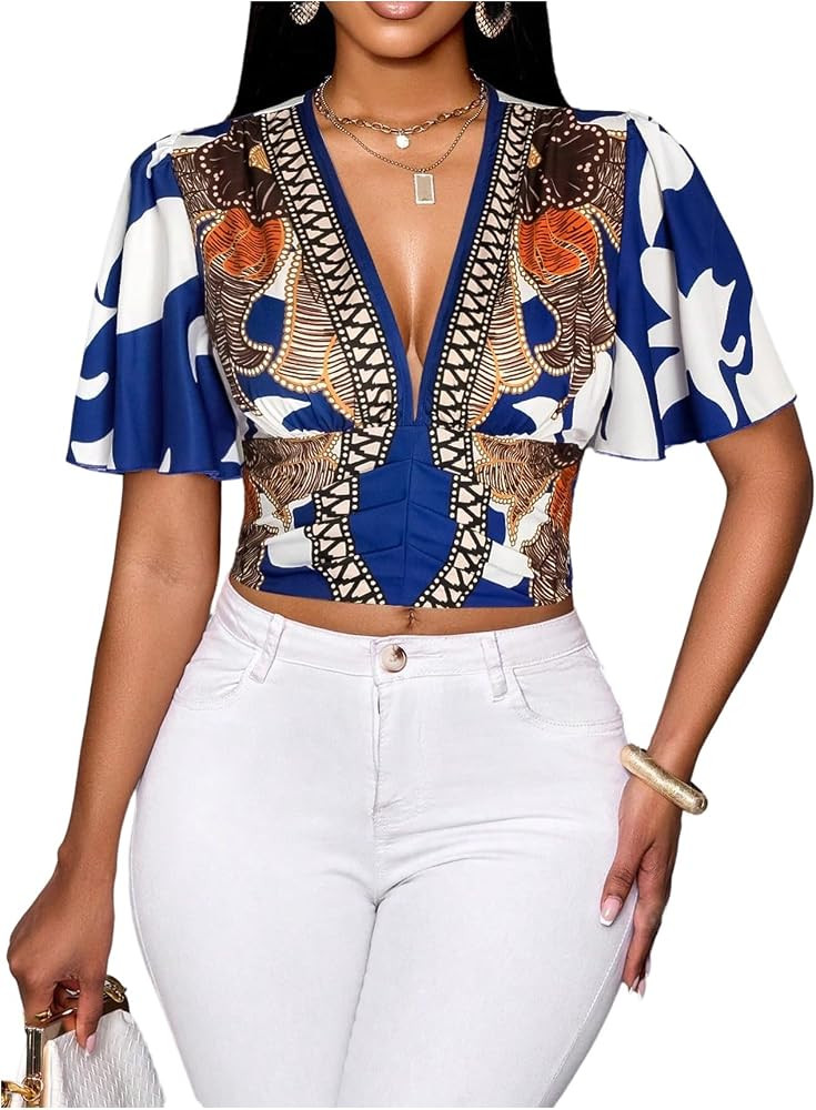 WDIRARA Women's Boho Printed Deep V Neck Short Sleeve Blouse Shirt Summer Casual Crop Tops | Amazon (US)