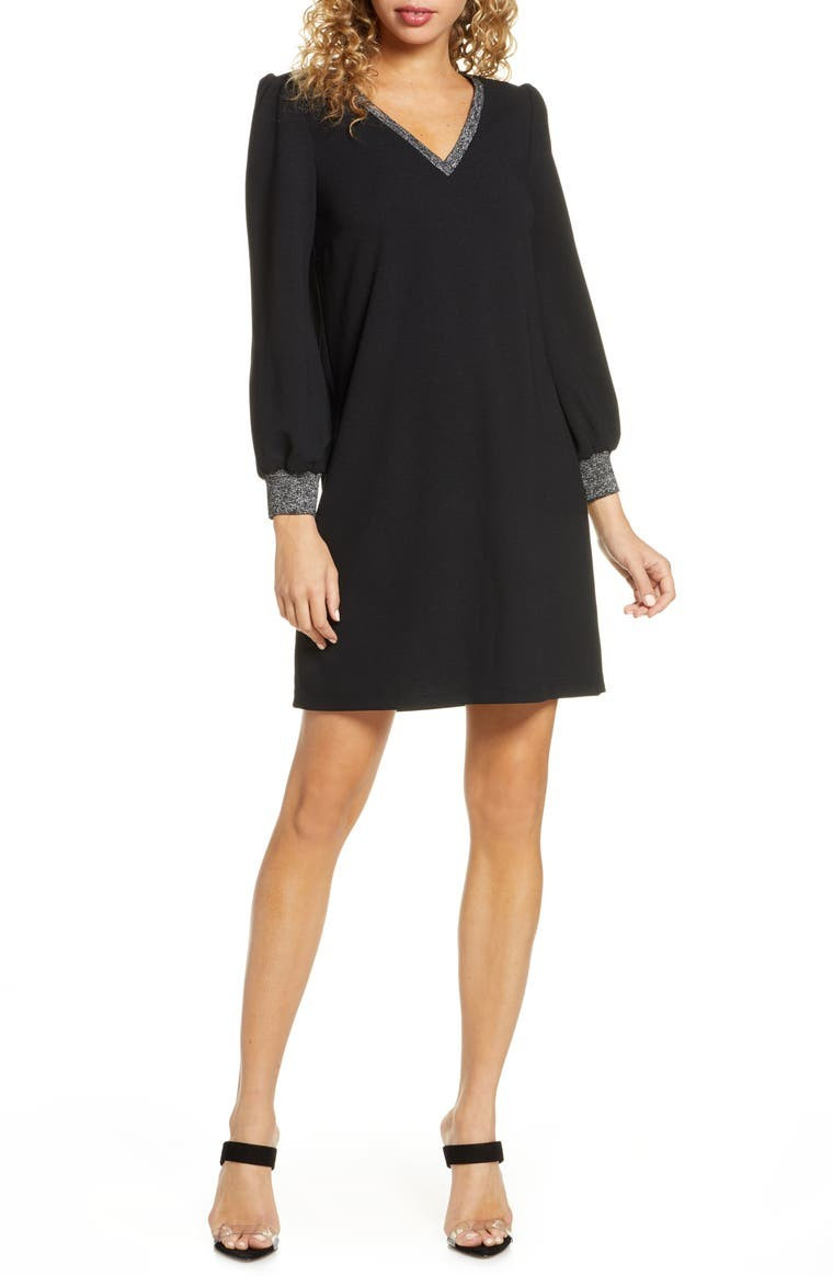 Metallic Trim Long Sleeve Shift Dress | Nordstrom