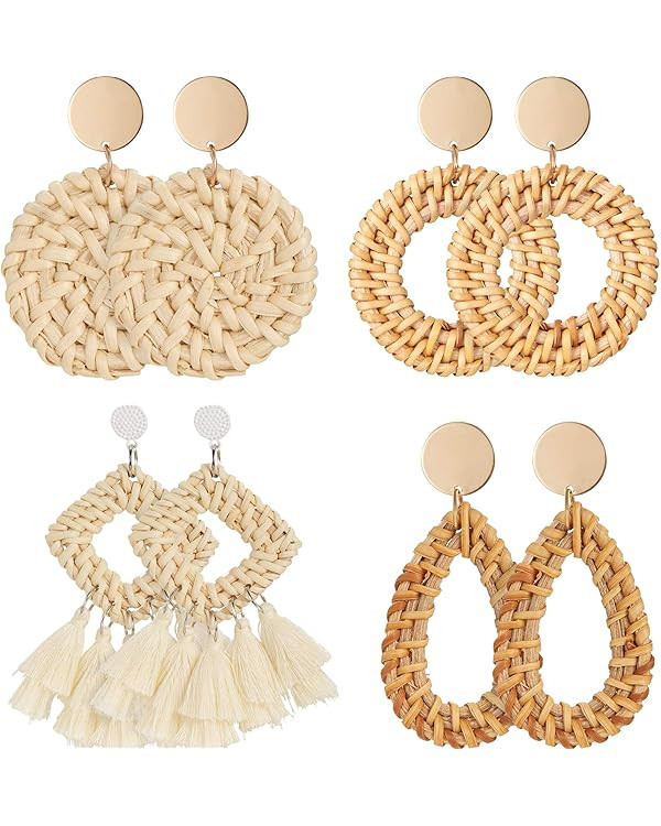 meekoo 4 Pairs Rattan Earrings for Women Beach Essentials Tassel Dangle Boho Straw Earrings | Amazon (US)