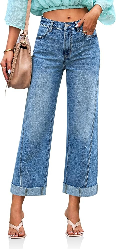 Cicy Bell Womens Cropped Jeans High Waisted Straight Wide Leg Cuffed Boyfriend Denim Pants with P... | Amazon (US)