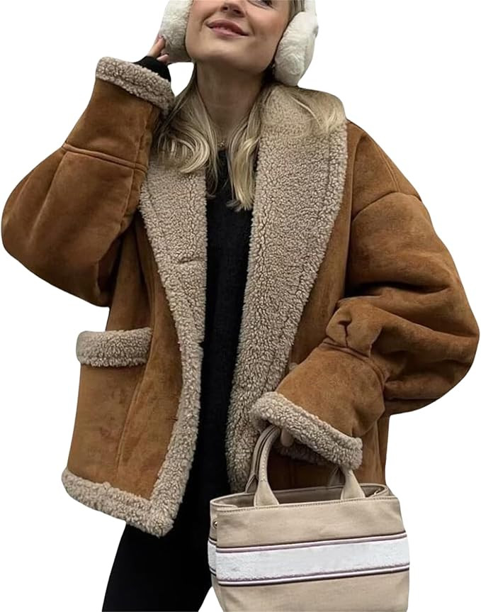 Women's Winter Casual Faux Suede Leather Jacket,Women Oversized Sherpa Lined Leather Jacket,Suede... | Amazon (US)