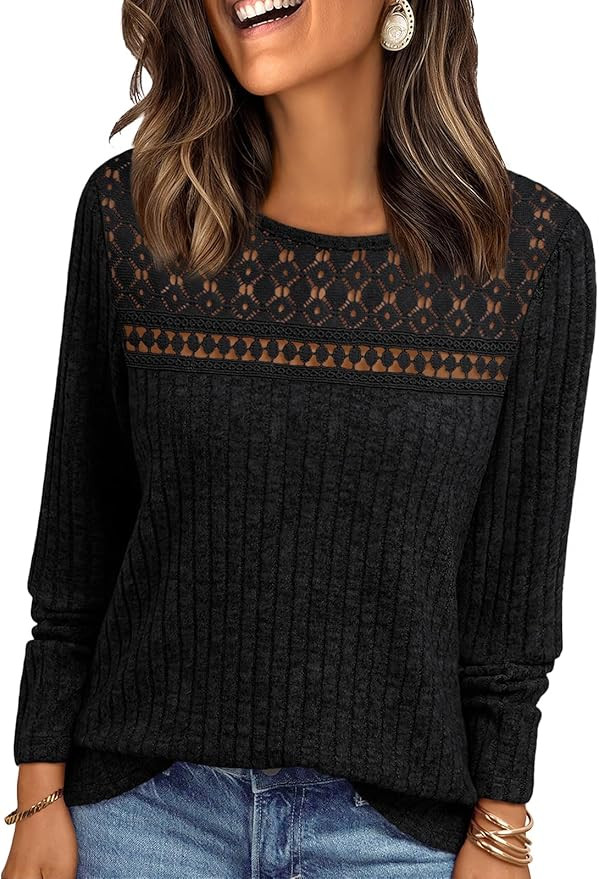 AUTOMET Womens Lace Long Sleeve Shirt Fall Top Fashion Dreesy Casual Tunic Sweaters Mesh Clothes ... | Amazon (US)