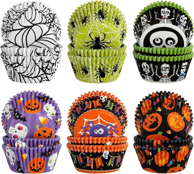 600 Pieces Halloween Cupcake Liners Spider Net Pumpkin Skull Bat Boo Baking Cups Cupcake Wrappers... | Amazon (US)
