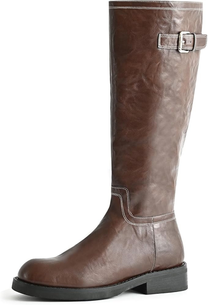 Women's Knee High Boots Wide Calf Platform Lug Sole Riding Boots Side Zipper Buckle Comfortable T... | Amazon (US)