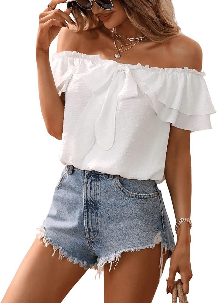 SweatyRocks Women's Off Shoulder Ruffle Trim Knot Front Blouse Tiered Layer Butterfly Short Sleev... | Amazon (US)