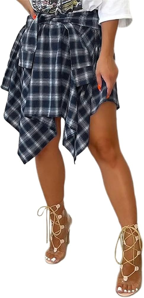 Women Plaid Skirts High Waisted Asymmetrical Mini Pleated Short | Amazon (US)