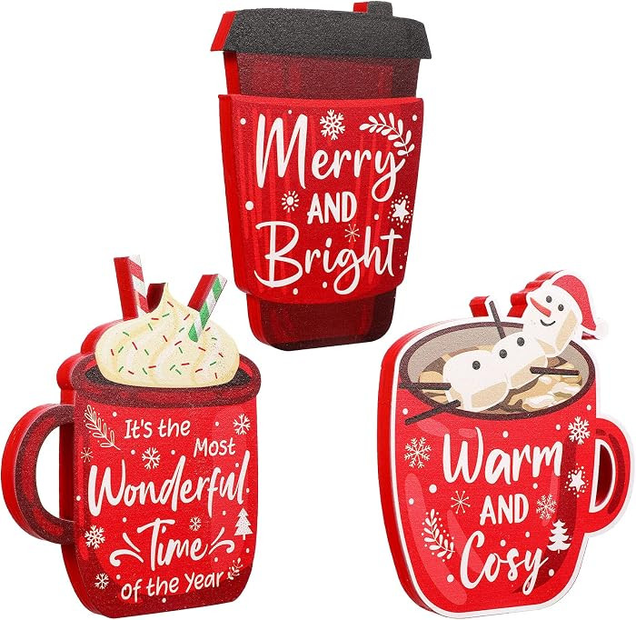 3 Pieces Christmas Tiered Tray Decor Wooden Block Signs Xmas Coffee Hot Cocoa Wood Sign Warm Wint... | Amazon (US)