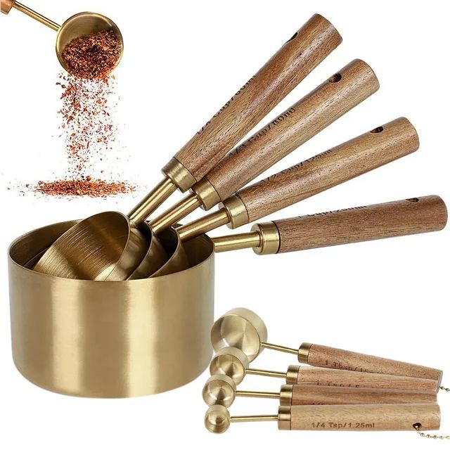 JTWEEN 8Pcs Measure Cup and Spoon Set Gold Measuring Cup Spoon Set with Wooden Handle Stainless S... | Walmart (US)