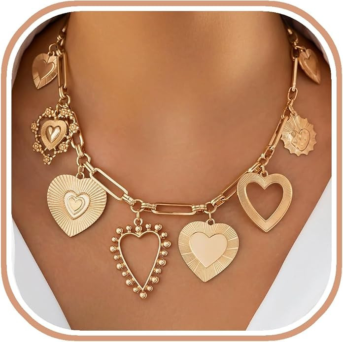Chunky Gold Necklace for Women Big Heart Necklace Vintage Gold Statement Necklace for Women Stack... | Amazon (US)