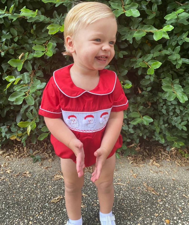 Santa Smocked Christmas Boy Bubble in Red Christmas Outfit, Heirloom, Boys Christmas Outfit, Baby... | Etsy (US)