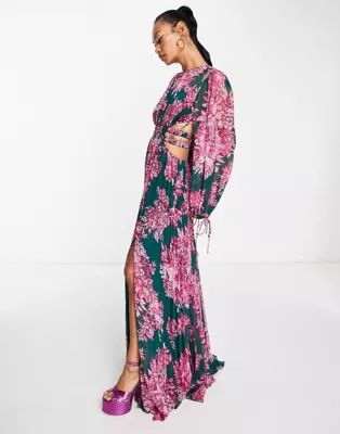 ASOS DESIGN pleated maxi dress with ruched waist detail in green with pink floral print | ASOS (Global)