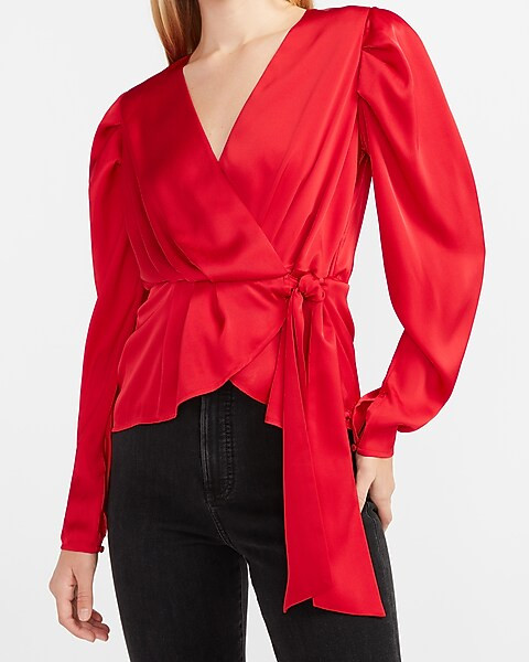 Satin Pleated Sleeve Wrap Front Bow Top | Express