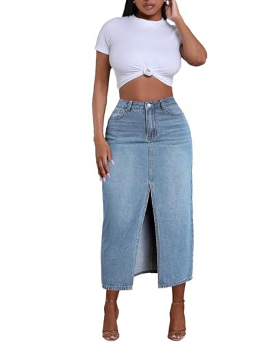 Jean Skirt for Women Denim Skirt High Waist Stretch Midi Denim Skirts with Pockets (Light Blue,X-Large) | Amazon (US)