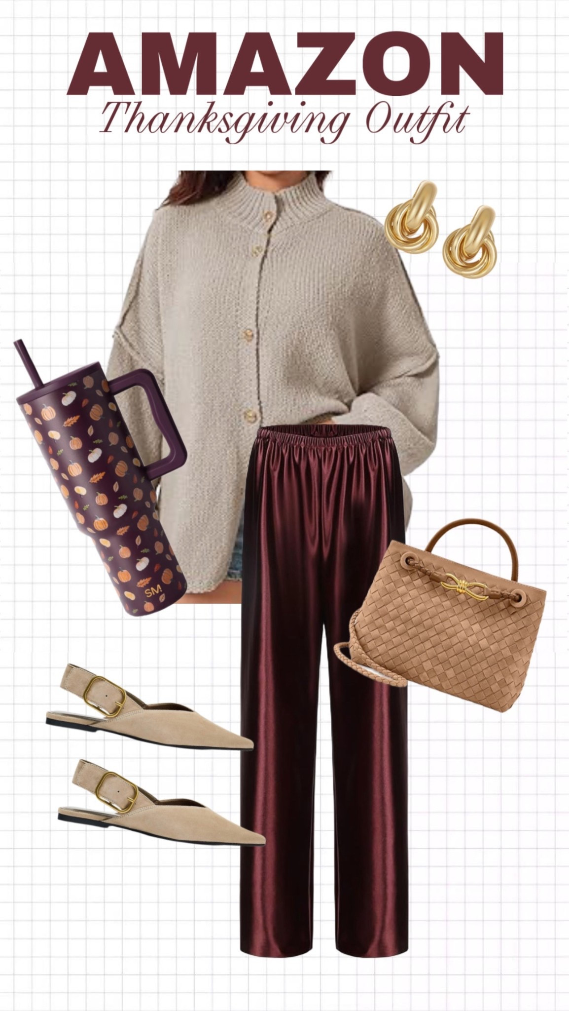 Amazon Thanksgiving outfit 

Pumpkin tumbler - festive tumblers - oversized mock neck sweater - satin pants - espresso brown - dark brown satin pants - woven bag - look for less - sling back pointed toe suede flats - gold knot earrings - gift guide - gifts for her - Amazon finds - Amazon fashion - elevated casual - comfortable outfit ideas - holiday outfit - thanksgiving looks - ootd - grwm 

#LTKHoliday #LTKFindsUnder50 #LTKStyleTip