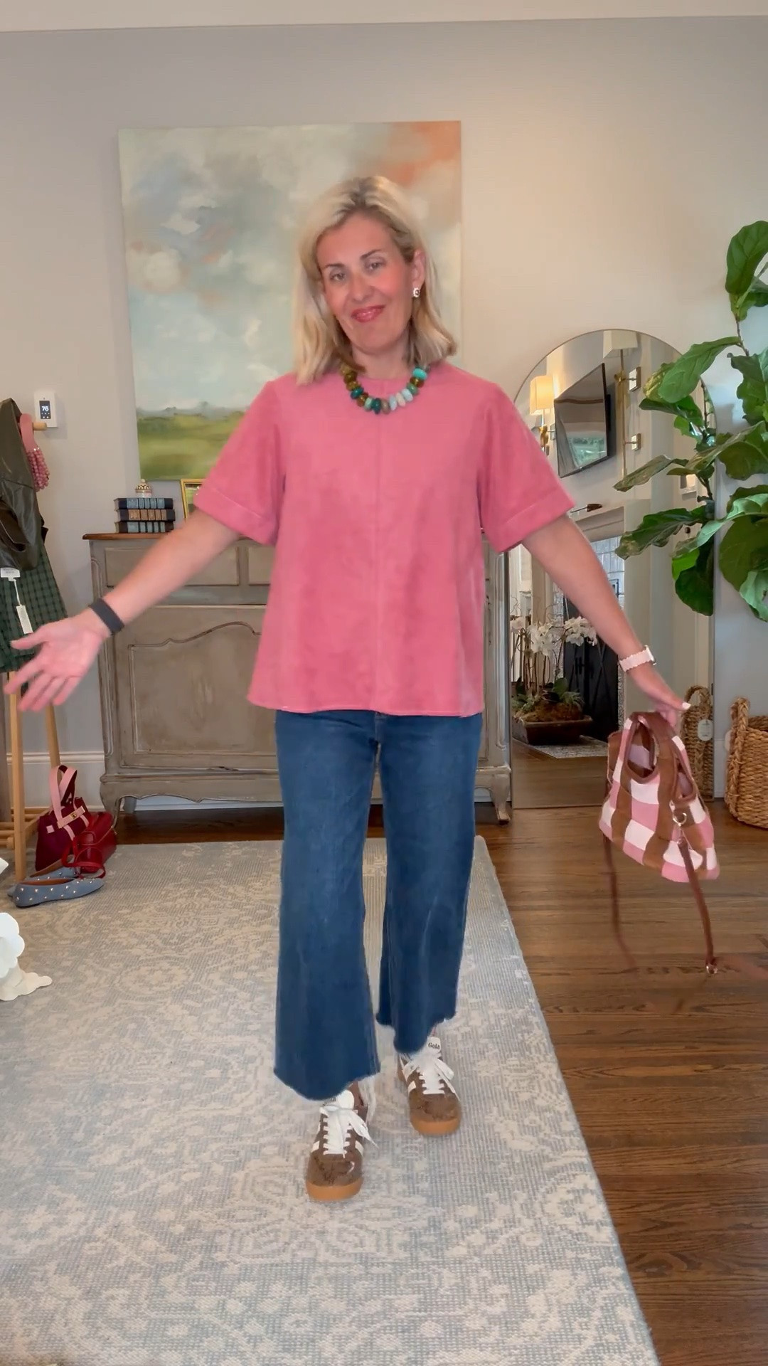 Meet the Emmy swing top! Pink perfection with my favorite jeans. I’m wearing xs top, 26P jeans and 8 sneakers tts. 
@Anthropologie

#LTKSeasonal #LTKOver40 #LTKdayinmylife