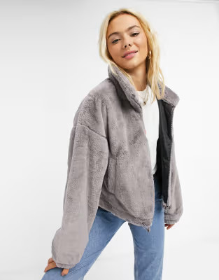 ASOS DESIGN cropped faux fur jacket in gray | ASOS (Global)