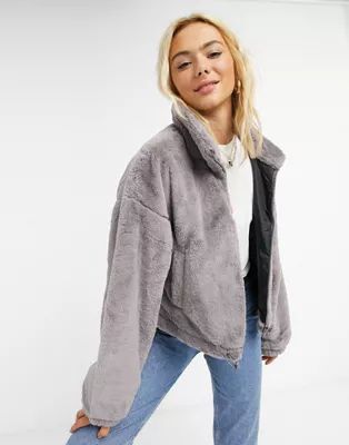 ASOS DESIGN cropped faux fur jacket in gray | ASOS (Global)