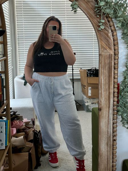 super casual and comfy and cute layers to travel in!! Xxxl in sweatshirt, xxl joggers and xl/xxl tank! Shoes run big, in a size 10

#LTKplussize #LTKtravel #LTKstyletip