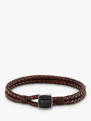 BOSS Men's Braided Leather Bracelet, Brown | John Lewis (UK)