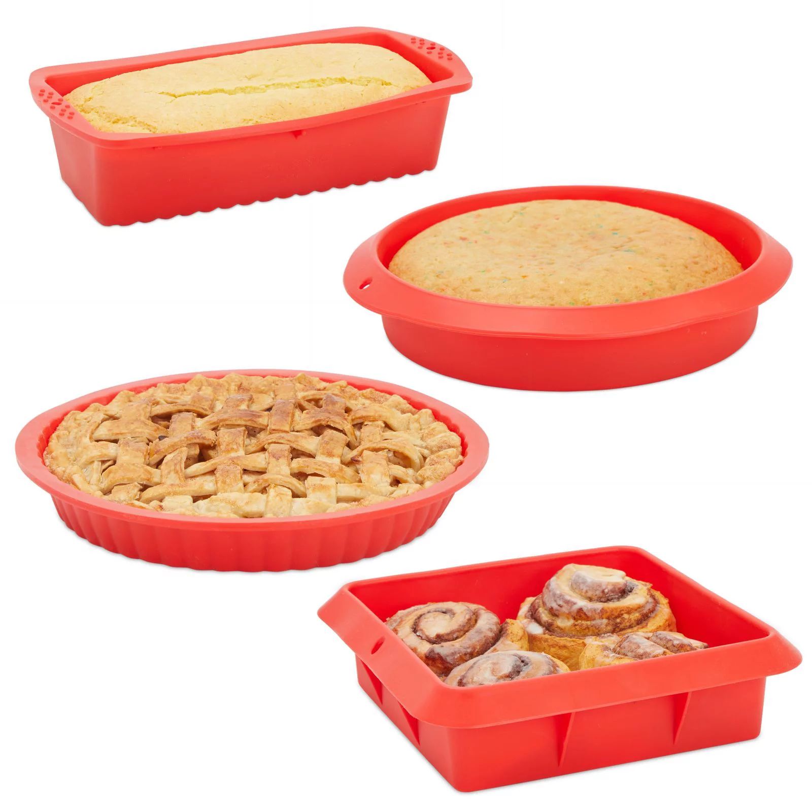 4-Piece Red Silicone Bakeware Set with Square Brownie Pan, Bread Loaf, Round Cake and Pie Pans, E... | Walmart (US)