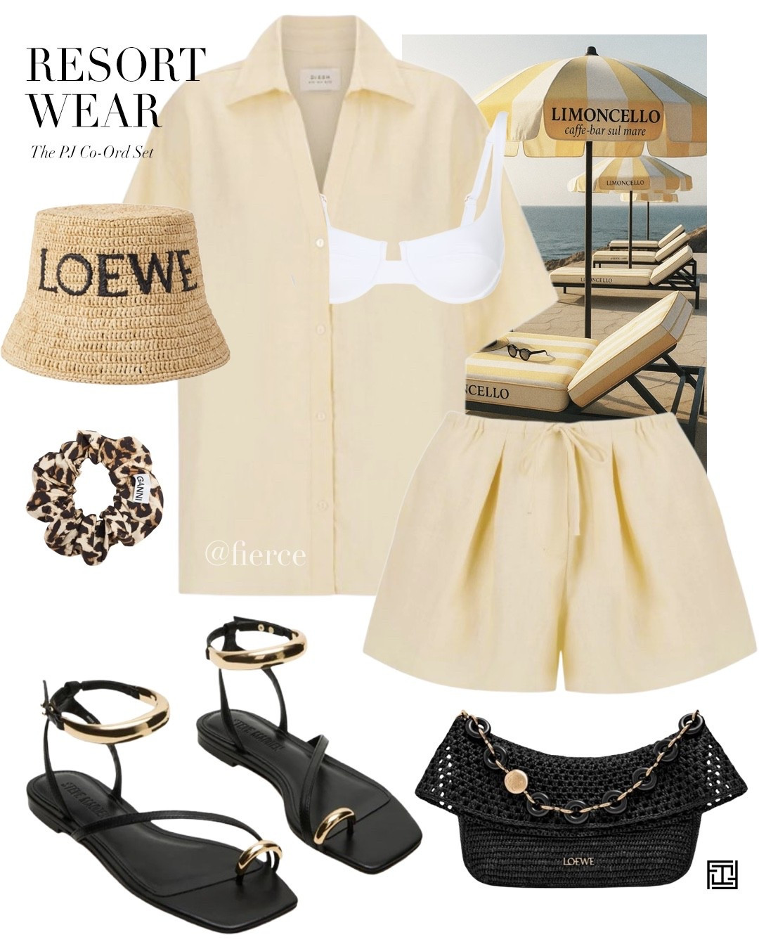 Resort wear beach holiday winter sun yellow shirt co ord set black gold toe sandals black raffia mini bag raffia bucket hat 

#LTKeurope #LTKswimwear #LTKuk