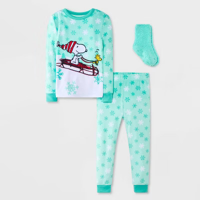 Toddler 2pc Snoopy Snuggly Soft Pajama Set with Socks - Aqua Blue 4T | Target