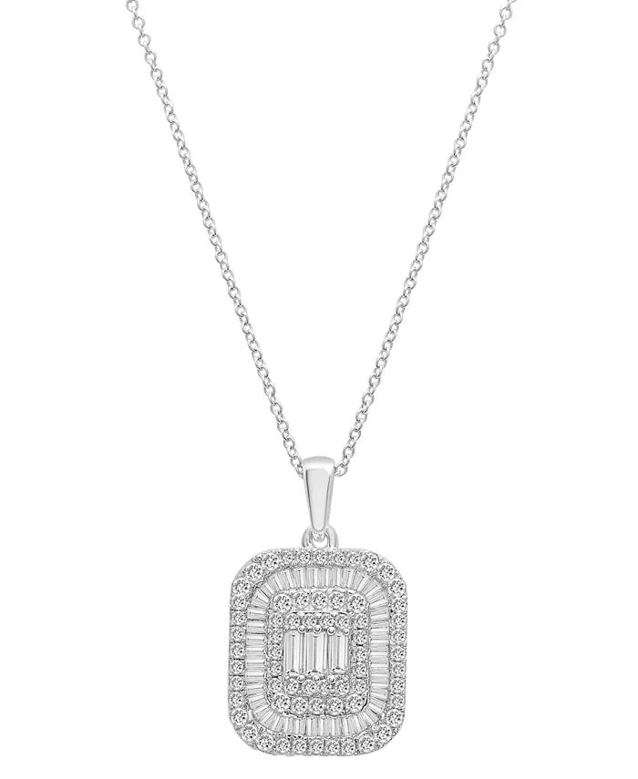 Diamond Round & Baguette Square Halo Cluster Pendant Necklace (1 ct. t.w.) in 14k White Gold, 16"... | Macy's