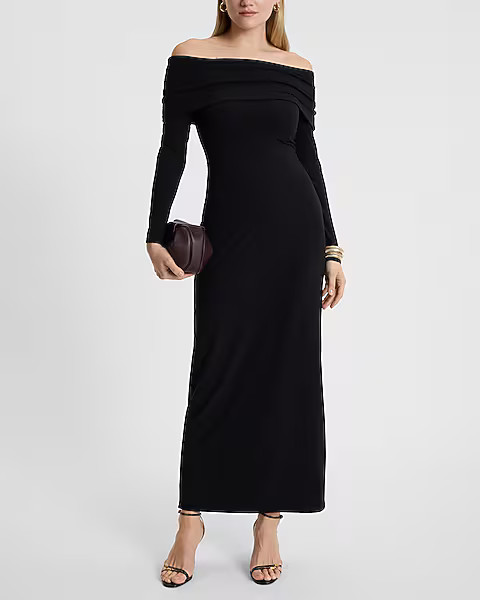 Off The Shoulder Long Sleeve Knit Maxi Dress | Express