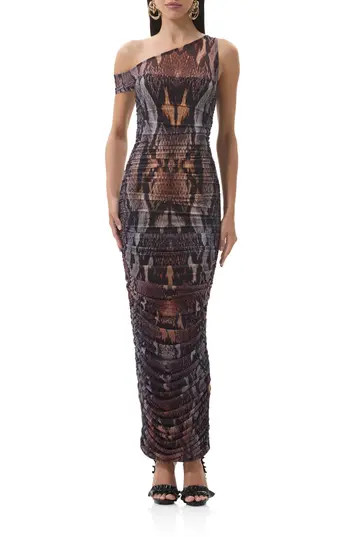 AFRM Biona Printed One-Shoulder Ruched Mesh Maxi Dress in Placed Umber Snake at Nordstrom Rack, Size X-Large | Nordstrom Rack