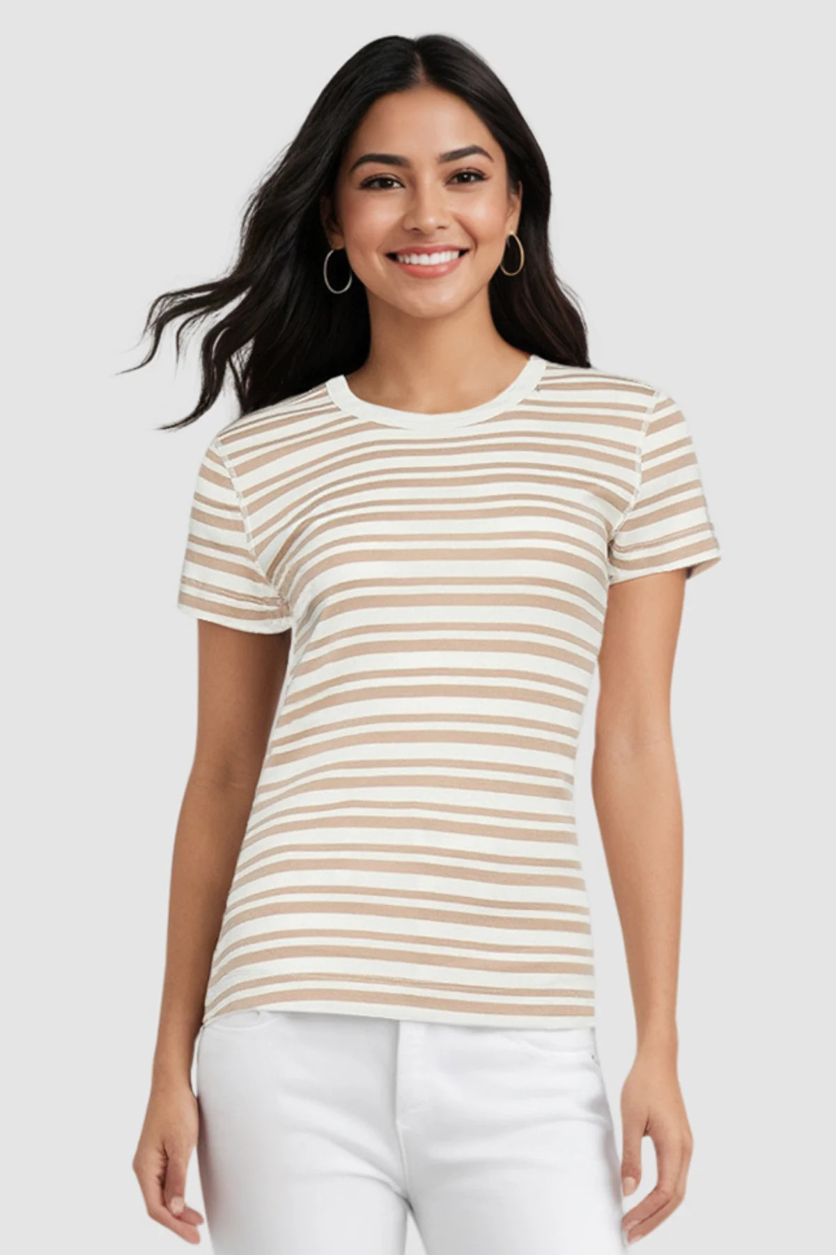 Crew-Neck Short Sleeve Tee | Light Taupe Mature Stripes | Three Dots