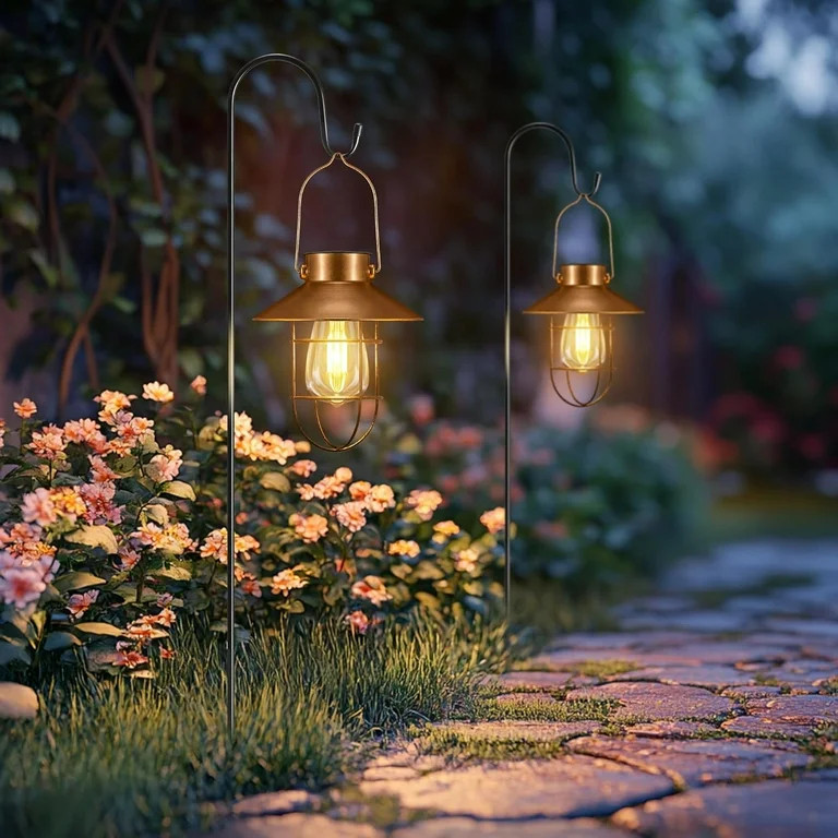 2 Pack Solar Lights Outdoor,  Solar Lanterns with Edison Bulb and 2 x 32 Inch Shepherd Hooks,  La... | Walmart (US)