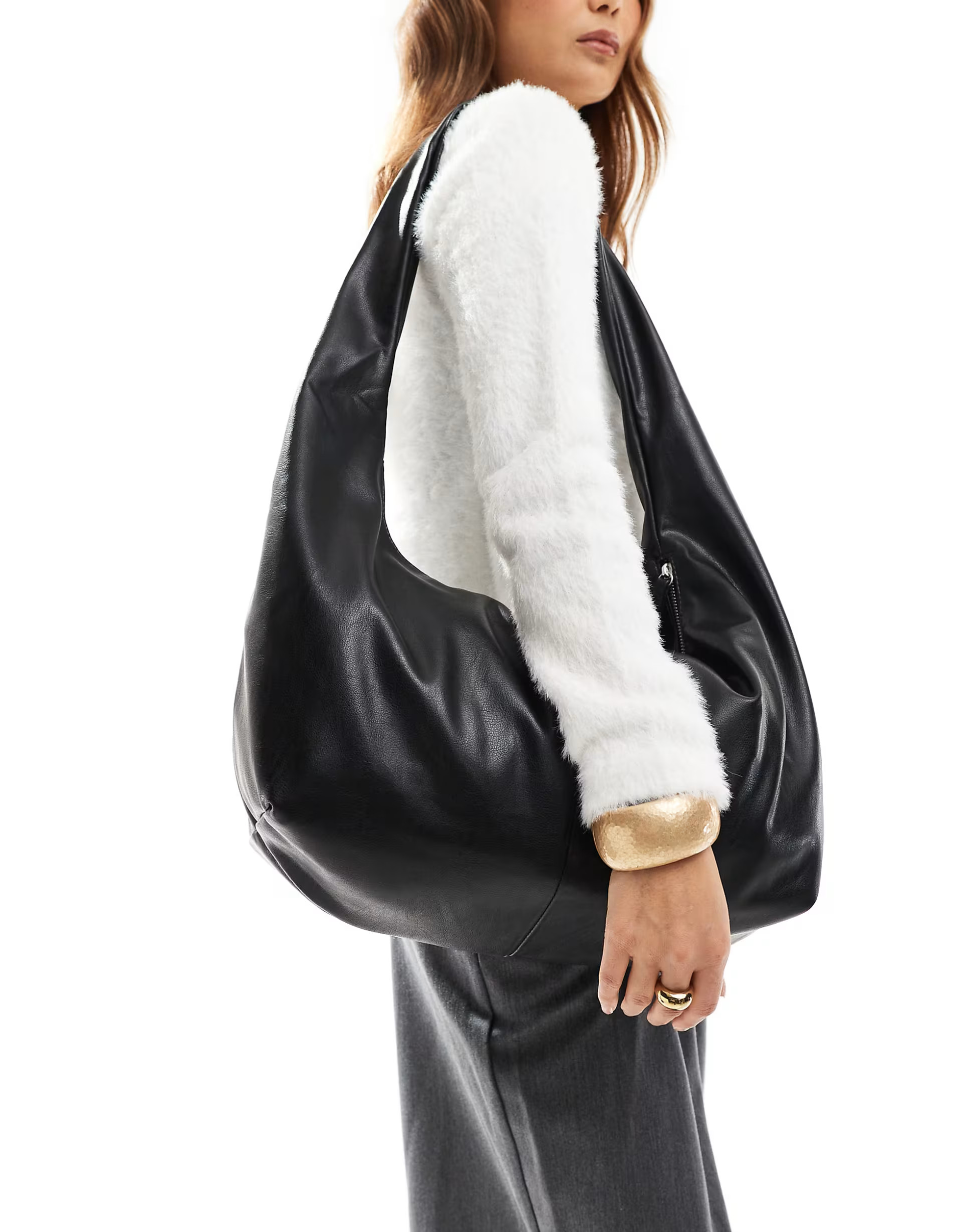 Pull&Bear faux leather oversized curved bag in black | ASOS (Global)
