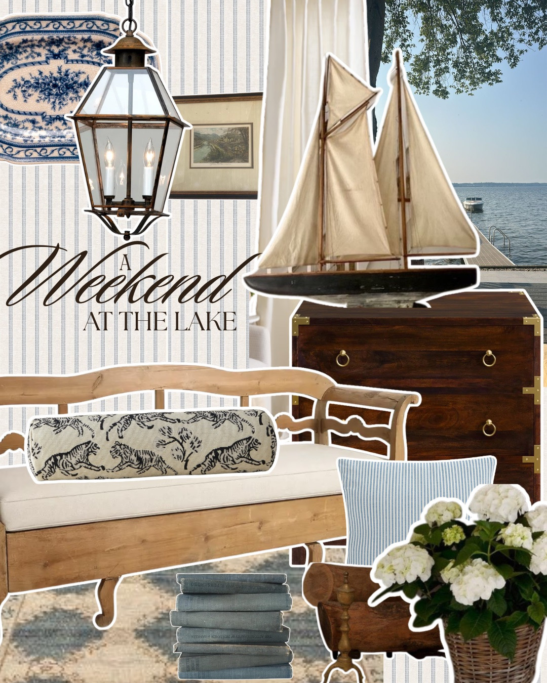 a lakeside retreat in early summer: all wrapped in crisp blues, steeped in warm wood tones, and glowing softly as the sun dips below the horizon. is there anything truly cozier than seeing vintage, antique, and new pieces come to life together? here's a little bit more on the pieces chosen for this inspiration:

✨new: a classic brass and glass lantern, chosen for its warmth and timeless lines that echo the charm of vintage and antique finds. shop on my LTK - comment SHOP and I'll send you think link to this one
✨ vintage: a stack of books curated just for their dusty blue hues. stacking vintage books based on color is one of my favorite design hacks that's so easy to layer
✨antique: an 1800s Swedish pine storage bench anchors the space with its timeworn patina and quiet craftsmanship from @Etsy

#LTKSeasonal #LTKHome #LTKTravel