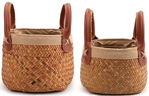 Yesland 2 Pack Woven Cylindrical Basket with Leather Handle, Natural Seagrass Storage/Tote Belly ... | Amazon (US)