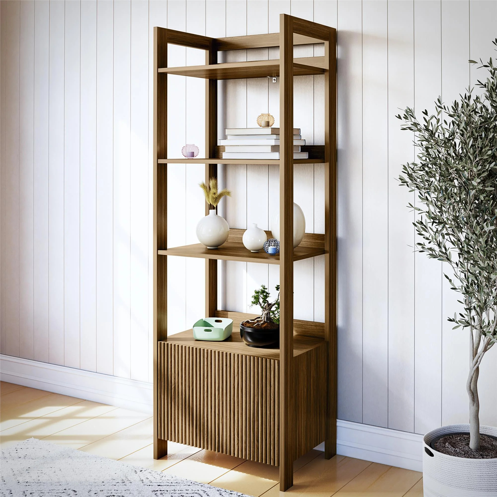 Mainstays Fluted Narrow Bookcase with 4 Shelves and Drawer, Natural Teak - Walmart.com | Walmart (US)