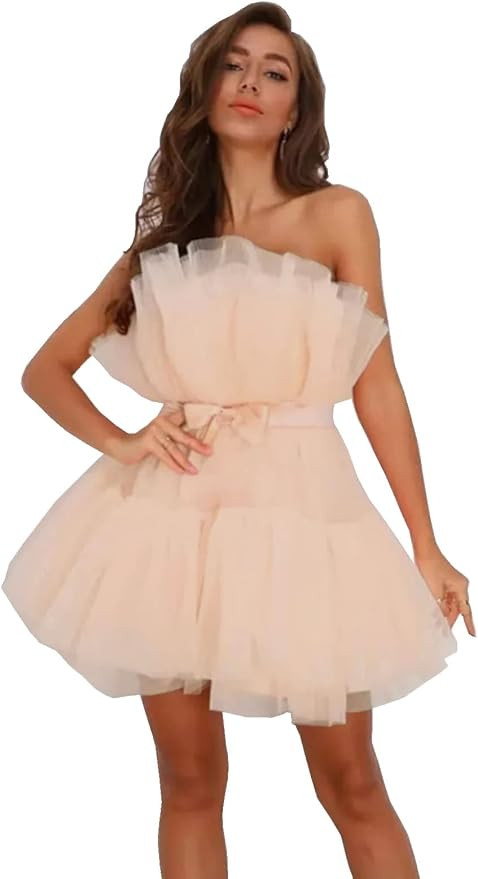 SanLIJIAN Women's Puffy Tulle Sleeveless Party Dress Bow-Knot Strapless Mini Dress A Line Short H... | Amazon (US)
