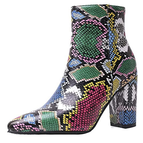 SHEMEE Women's Snakeskin Chunky High Heels Booties Pointed Toe Block Heel Snake Print Side Zipper Ankle Boots(Color Snake, us 9.5) | Amazon (US)
