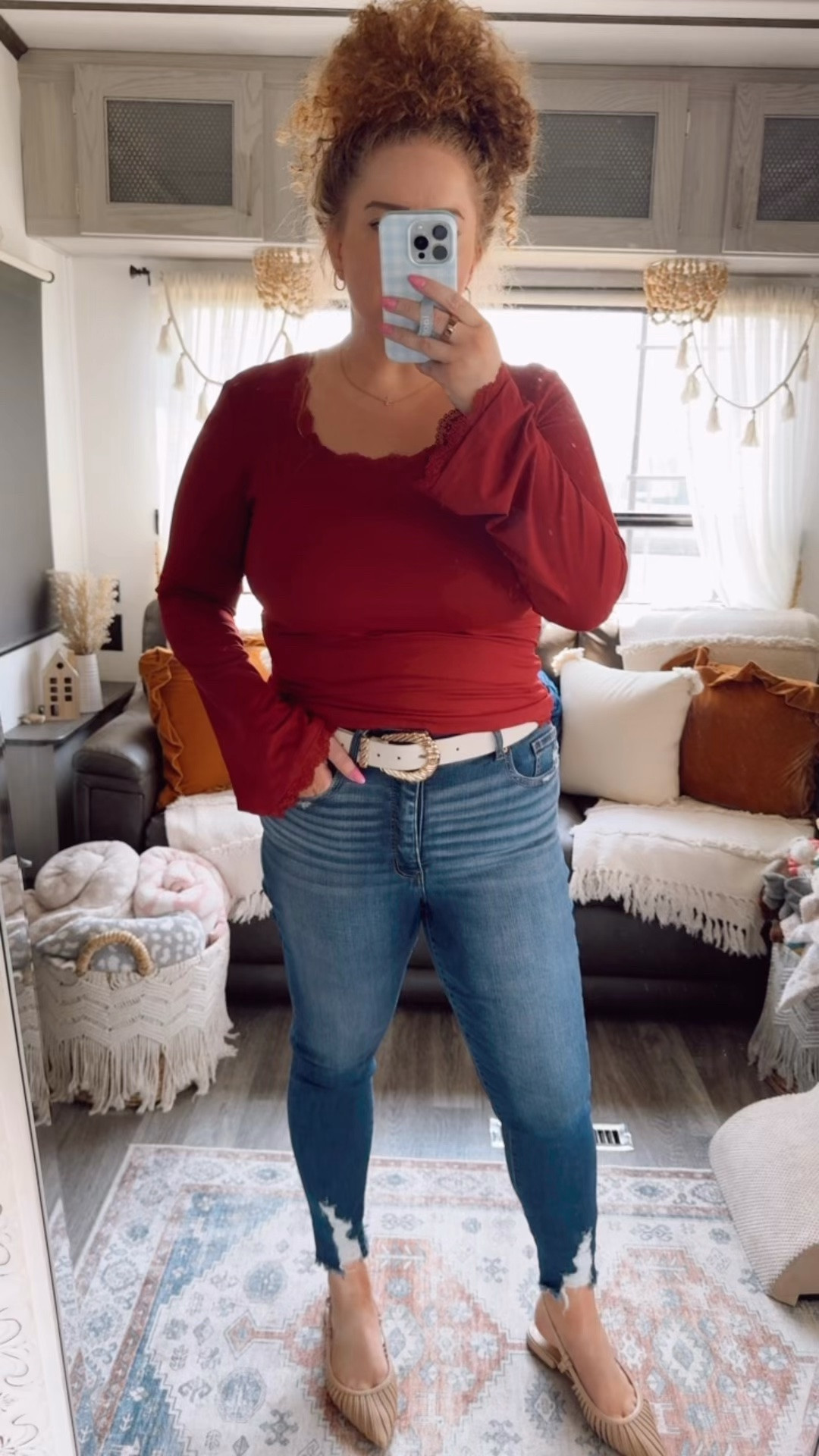 A classic fall look with a little feminine detail ❤️🍂 I’m always here for an outfit that feels timeless but still has those little details that make it feel special.👏🏼✨ fall outfit | fall fashion | classic fall outfit | feminine fall outfit | casual fall look | everyday fall outfit | skinny jeans | Buckle jeans | red long sleeve top | red lace trim top | lace trim top | cream belt | nude mules | nude shoes | Amazon fashion | Amazon finds | Amazon outfit | fall wardrobe | fall style | transitional fall outfit | classic style | timeless outfit | chic casual outfit | neutral accessories | red and cream outfit 🍂❤️

#LTKdayinmylife #LTKootd #LTKMidsize
