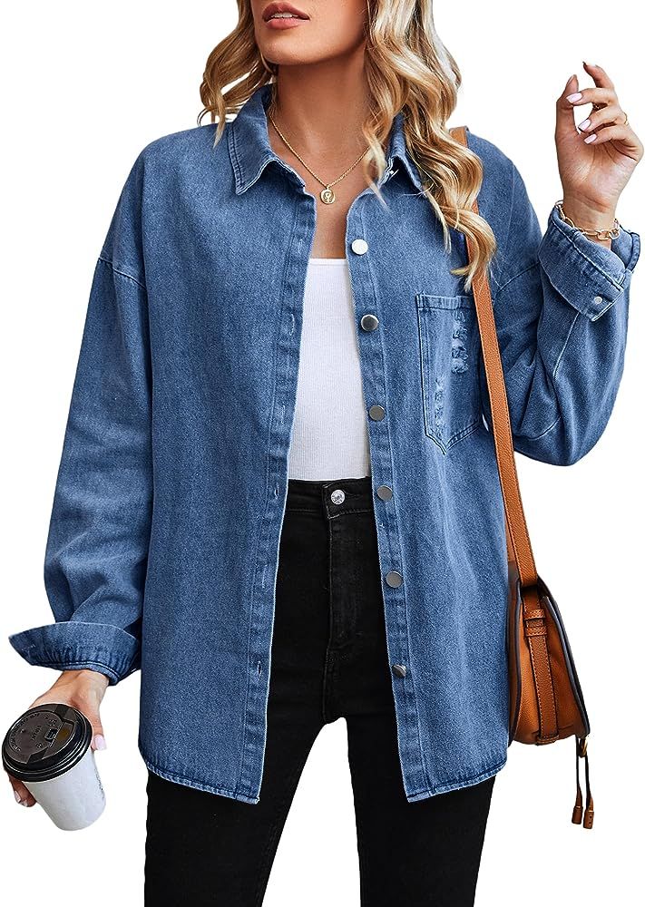 Womens Denim Jacket Oversized Jean Jackets Fall Fashion 2023 Trendy Shacket Long Sleeve Button Do... | Amazon (US)