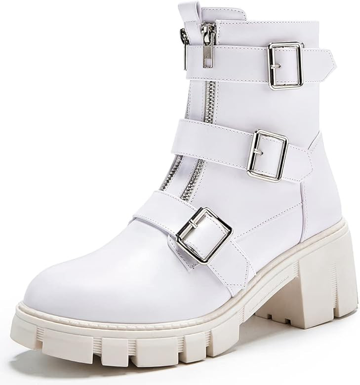 TINSTREE Women's Lug Sole Mid Calf Military Combat Boots Zip Chunky Heel Platform Leather Chelsea... | Amazon (US)