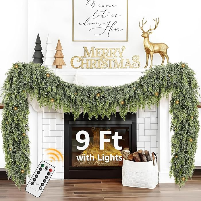 Cedar Christmas Garland for Mantle - Decorations with Lights 9ft Realistic Lighted Faux Pine Garl... | Amazon (US)