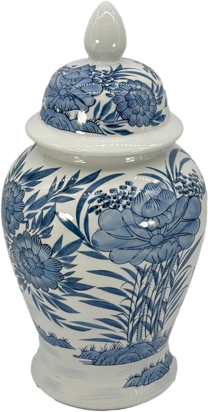 Galt International Blue & White Floral Palm Pattern Ceramic Ginger Jar 18" w/Lid - Temple Jar Hom... | Amazon (US)