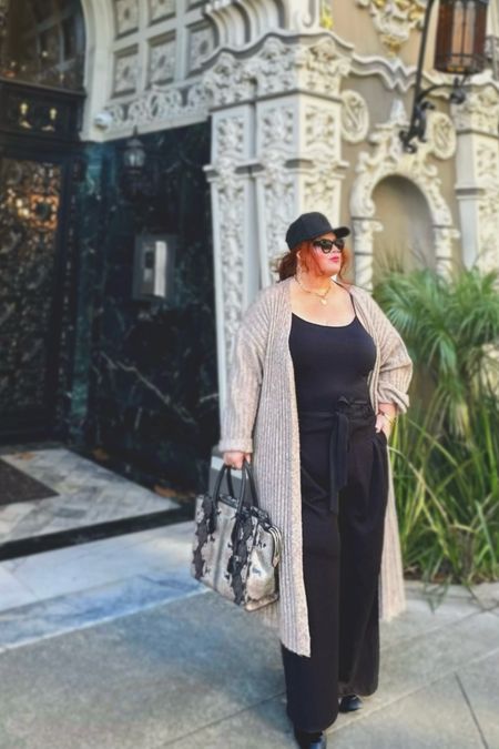 Weekend mode: plus size sweater duster cardigan, baseball cap

#LTKplussize