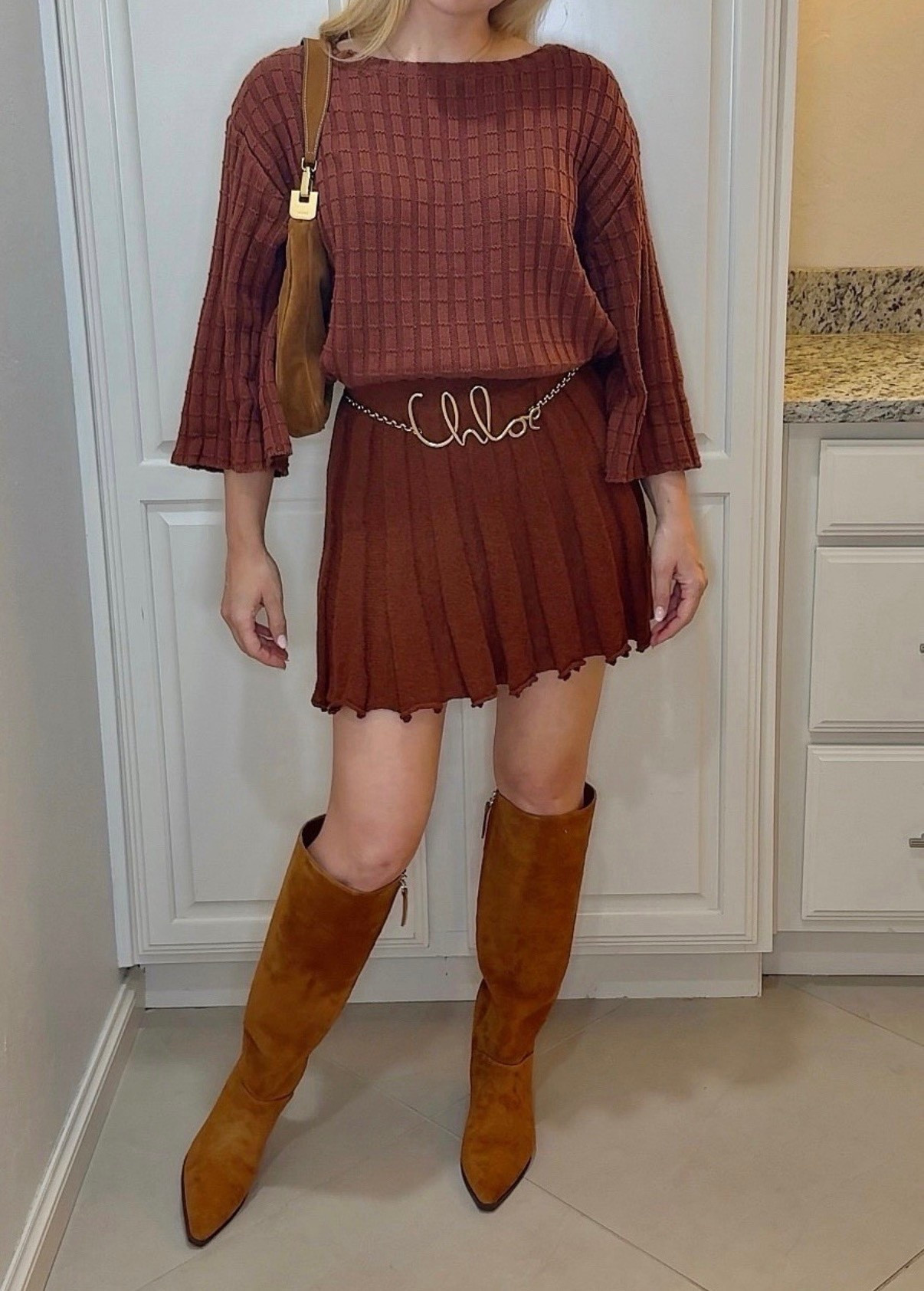 Matching set 
Sweater + skirt
Chloe bag
Sandal
Suede boots


#LTKStyleTip #LTKShoeCrush #LTKItBag