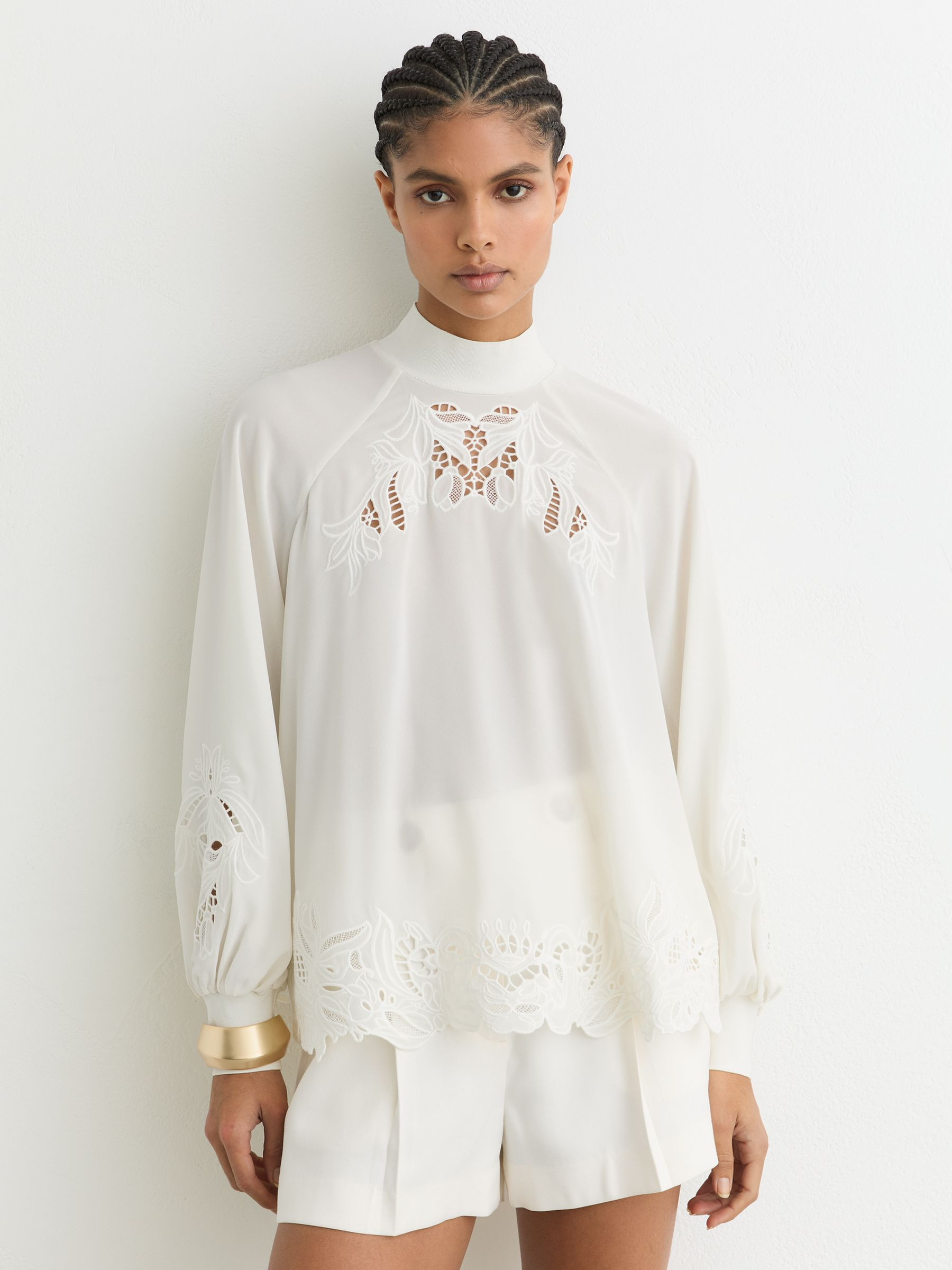 Reiss Broderie Blouson-Sleeve Blouse in Cream - REISS | Reiss UK