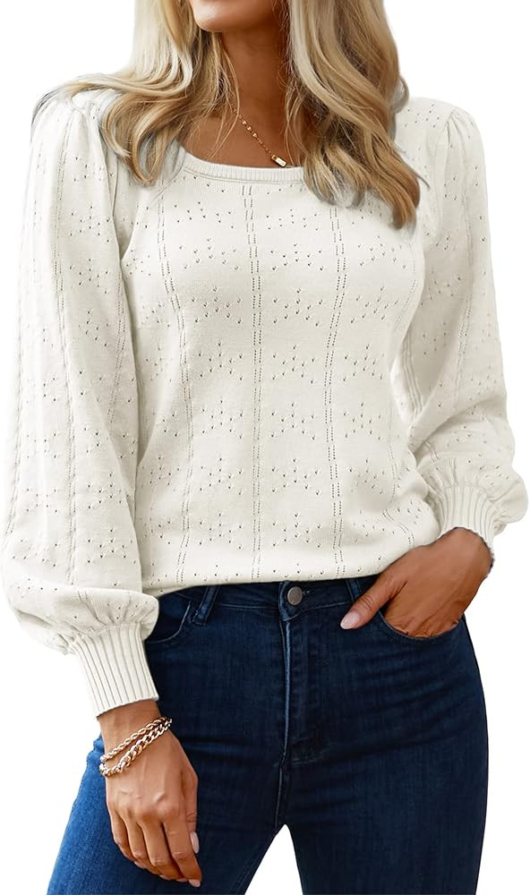 Hotouch Sweaters for Women 2026 Fall Trendy Tops Casual Puff Sleeve Square Neck Cute Tunic Pullov... | Amazon (US)