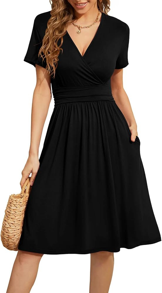 WEACZZY Women's Summer Short Sleeve Casual Dresses V-Neck Floral Party Dress with Pockets | Amazon (US)