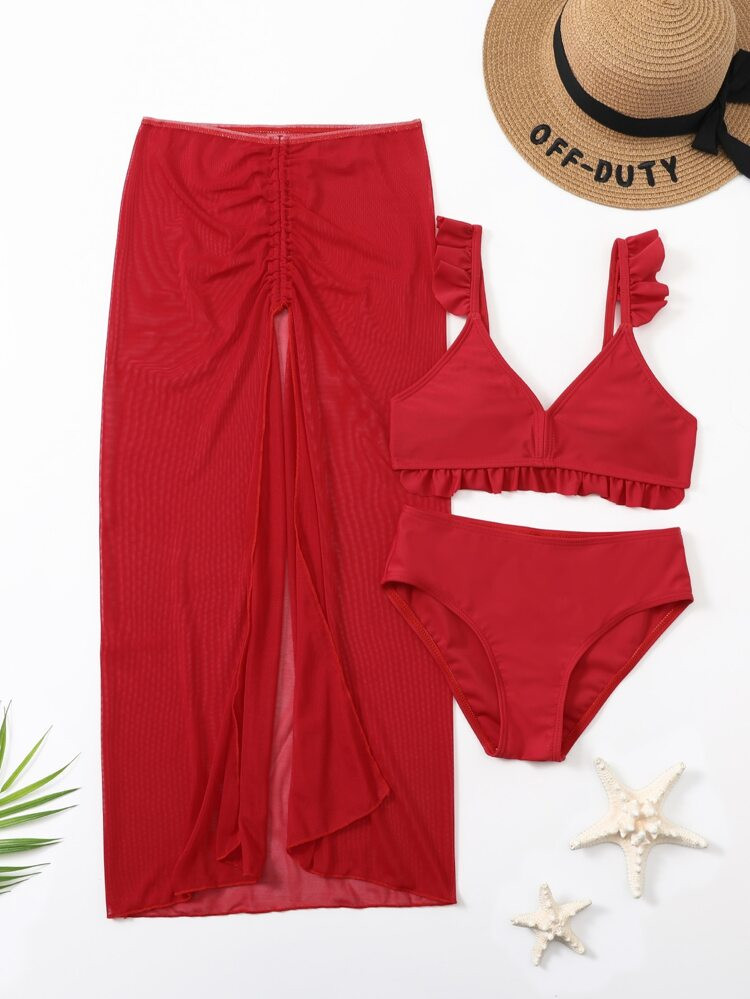 SHEIN Kids SUNSHNE Girls Solid Frill Trim Bikini Swimsuit & Split Beach Skirt | SHEIN