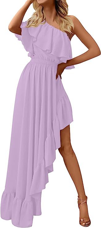 ZESICA Women's 2023 Summer Boho One Shoulder Sleeveless Ruffle Asymmetrical High Low Flowy Prom G... | Amazon (US)