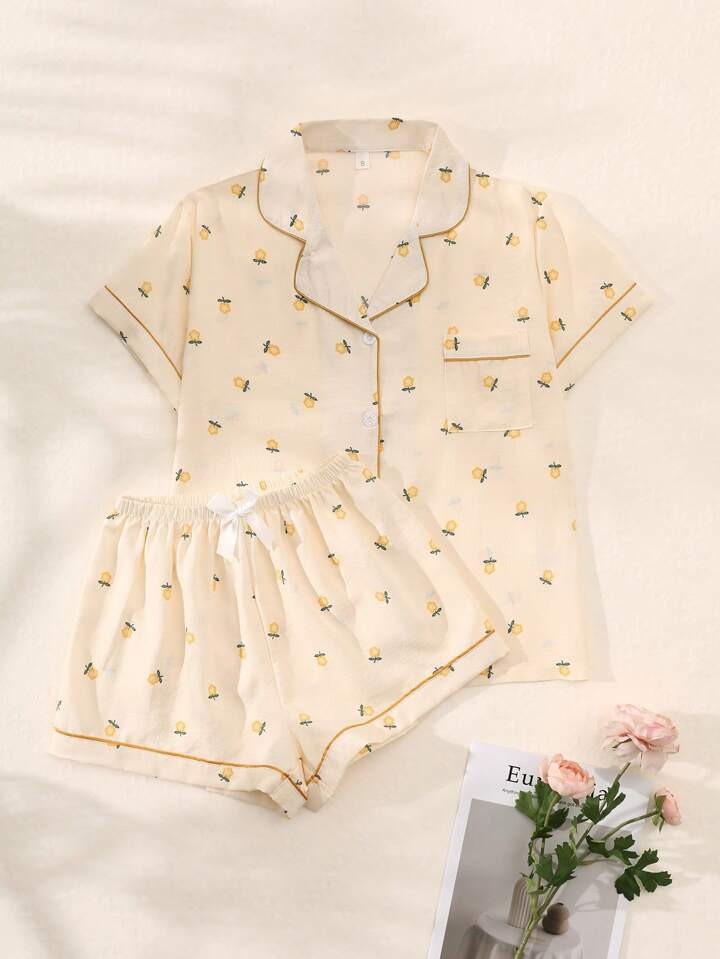 2pcs/Set Women's Yellow Small Floral Printed Summer Pajama Set, Short Sleeve Button-Down Shirt An... | SHEIN